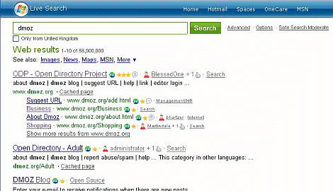 search result on msn for dmoz