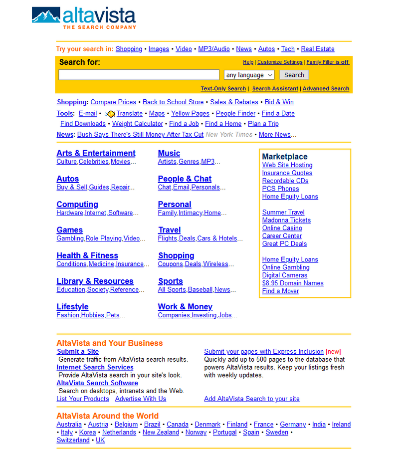 Altavista search engine in 2001