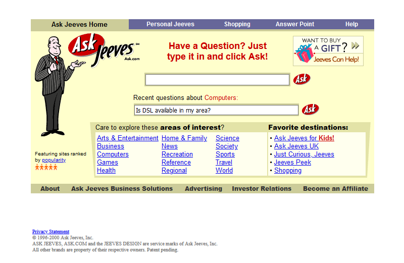 Ask Jeeves search engine in 2000