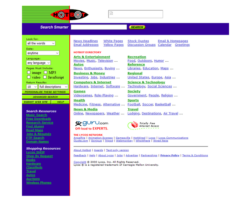 Hotbot search engine in 2000